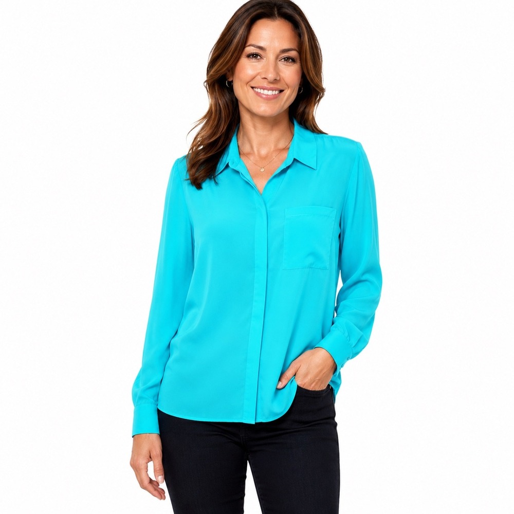 NEW Worthington Long Sleeve Button Down Blouse Scuba Blue Petite Large